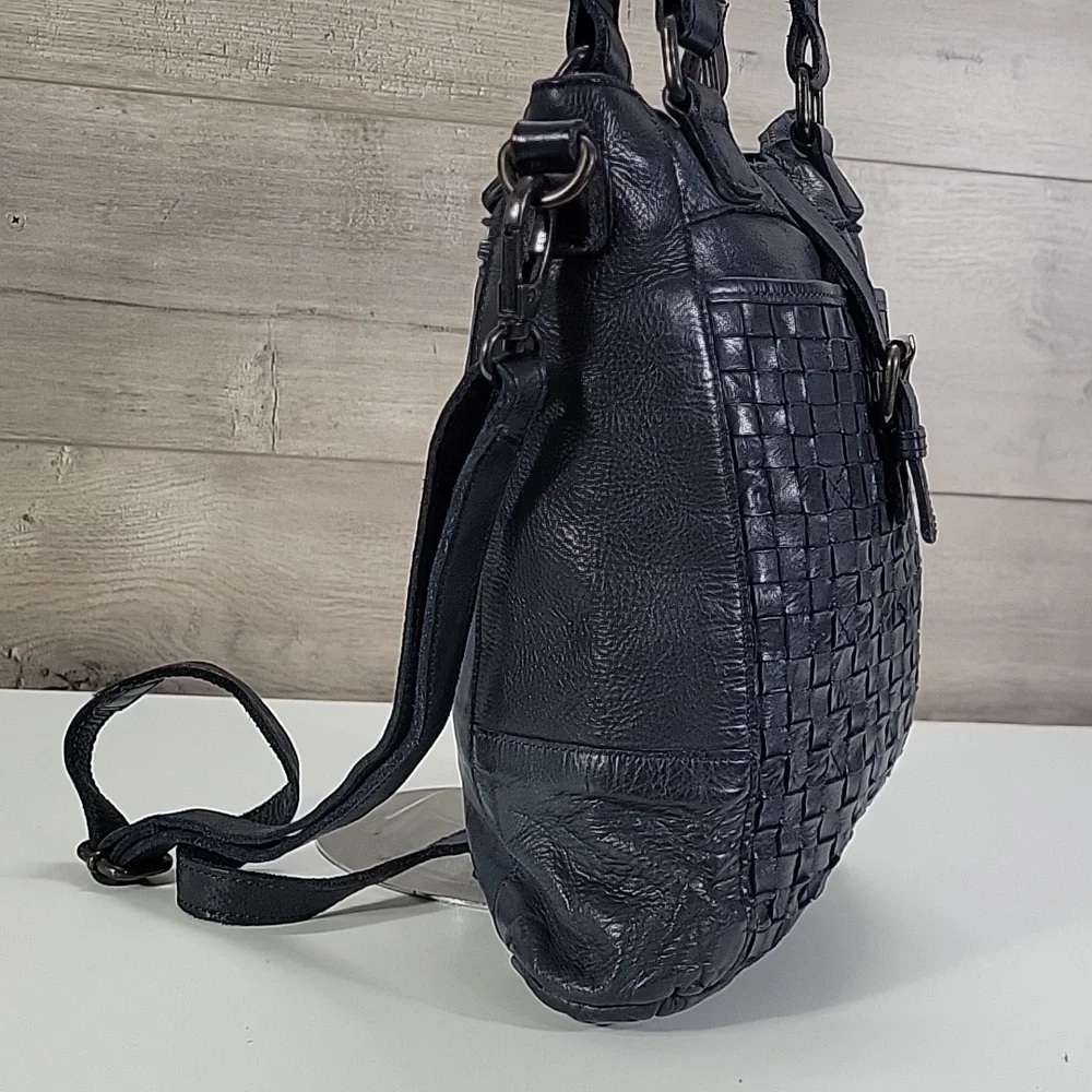 Ashwood Navy Blue Woven Leather Shoulder Bag